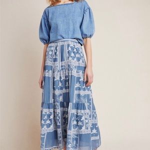 Anthropologie Blue Patchwork Floral Maxi Skirt